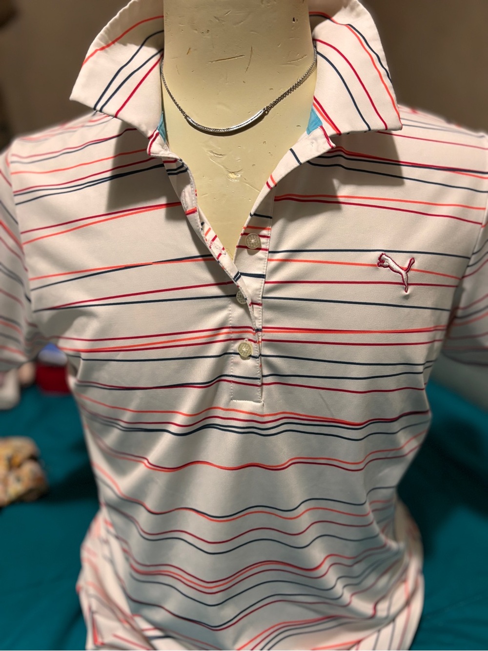 PUMA women’s White Striped Polo Shirt with fuscia, orange &Navy Accents size XL